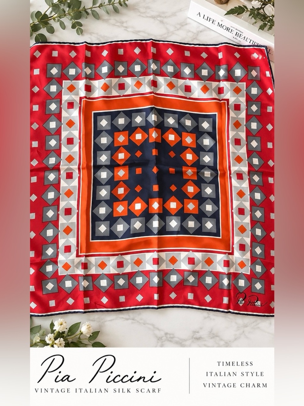 Vintage Pia Piccini Italian Silk Scarf 26โ Red Gray Orange Navy Geometric Mod